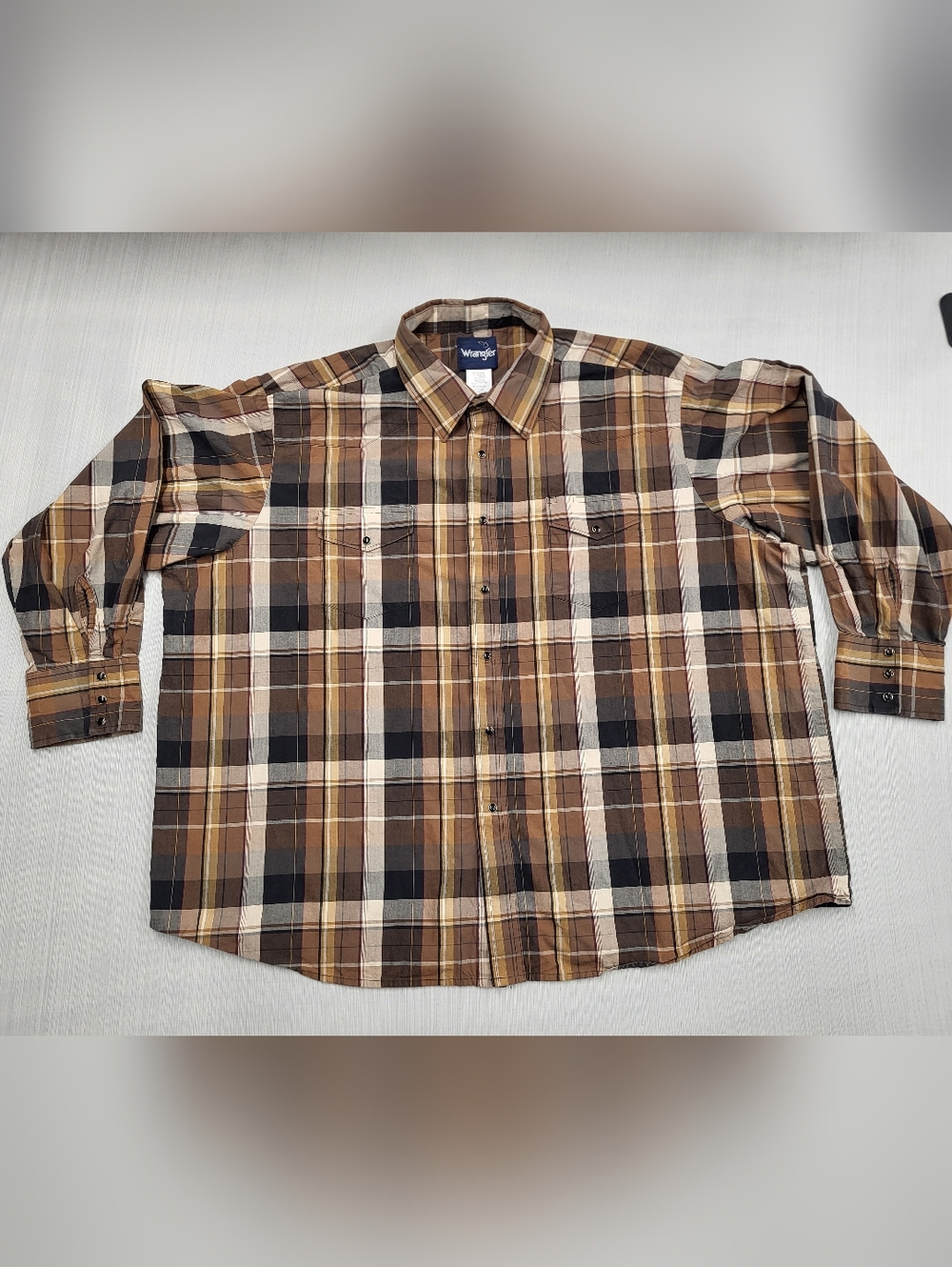 Wrangler Shirt Mens 3XL Brown Black Gray Plaid Pearl Snap Western Flannel Cowboy